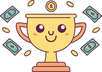 Cute money themed trophy with money and coin falling around vector illustration