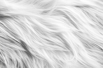 Close-up white fur texture background with fluffy soft woolly animal hair surface pattern, flat lay composition for natural textile design