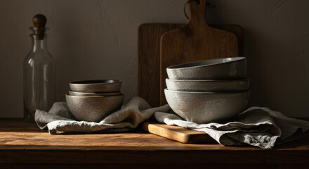 Minimalistic kitchen setting with textured bowls and natural light creating a serene atmosphere