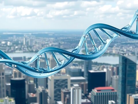 Abstract DNA Helix over Cityscape Background