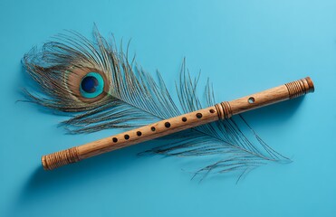 A wooden flute with a peacock feather on a blue background