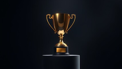 A gleaming gold trophy displayed on a pedestal, highlighted by dramatic studio lighting against darkness.