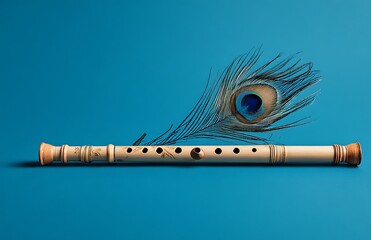 A wooden flute with a peacock feather on a blue background