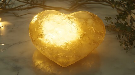 Illuminated heart-shaped decorative object on a marble surface.