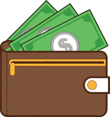 Wallet filled with cash and coins symbol of wealth vector illustration