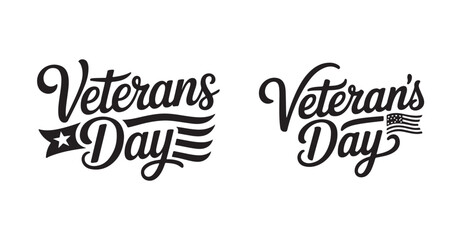 Elegant Veterans Day Logos with Script Lettering and Patriotic Emblems Featuring a Flag and Decorative Stripes