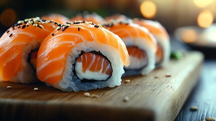 Close-up of appetizing salmon sushi rolls on a wooden board.