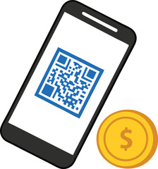 Smartphone with QR code for payment and a dollar coin vector illustration