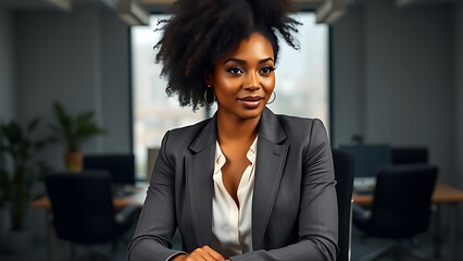 Confident businesswoman in a blazer at her desk, exuding professionalism with a blurred office background.