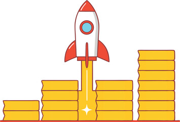 Rocket launch above stairs of coins metaphor for financial growth vector illustration