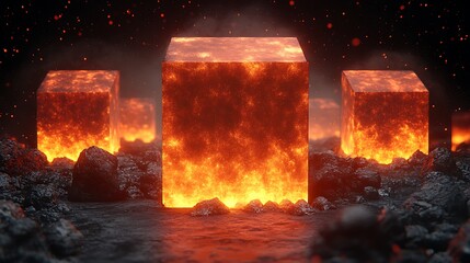 Fiery cubes on a volcanic landscape.