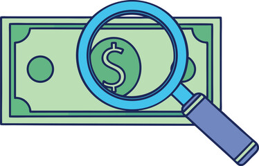Magnifying glass revealing currency security features on a green dollar vector illustration