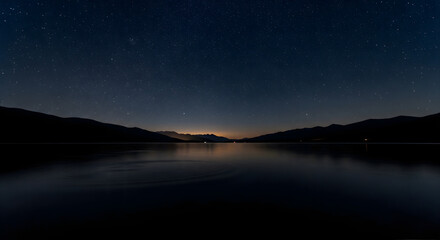 Majestic Lake, Distant Mountains, and Celestial Starry Sky Panorama

