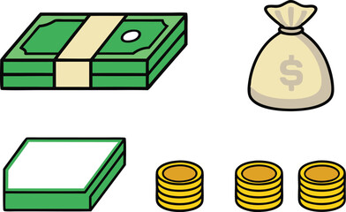 Money related icons showing dollar bills bag and golden coins vector illustration