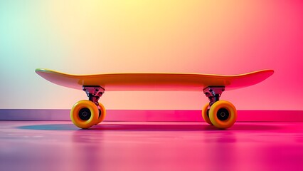 A vibrant yellow skateboard against a neon gradient background, exuding dynamic energy.