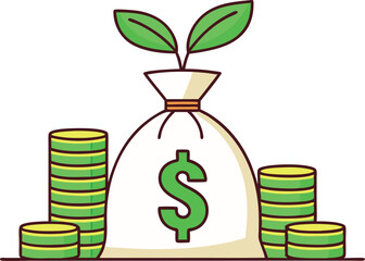 Money bag with dollar sign and plants and coin stacks vector illustration