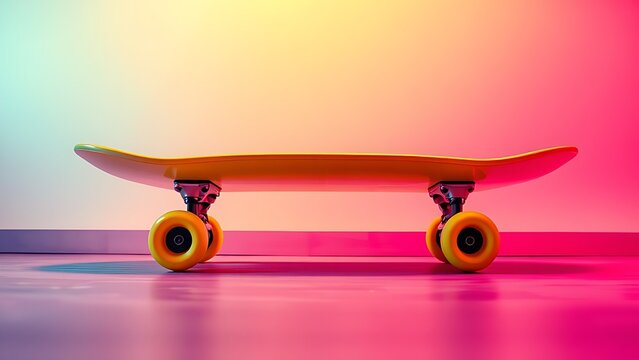 A vibrant yellow skateboard against a neon gradient background, exuding dynamic energy. - Powered by Adobe