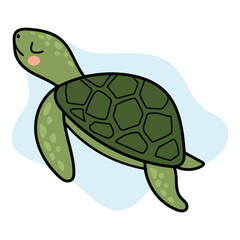 Cute green turtle illustration hand drawn in cartoon style. Vector illustration.