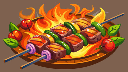 Char-grilled Steak Kabobs, pierced with colorful bell peppers and red onions, sizzle in deep umami tones, each piece cooked medium with a perfect sear.
