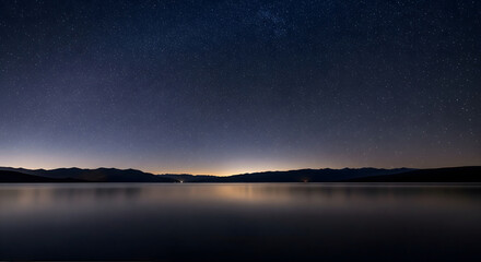 Majestic Lake, Distant Mountains, and Celestial Starry Sky Panorama
