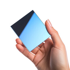 Transparent rectangular object held in hand technology image