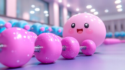 Pink and blue exercise equipment in a gym setting.