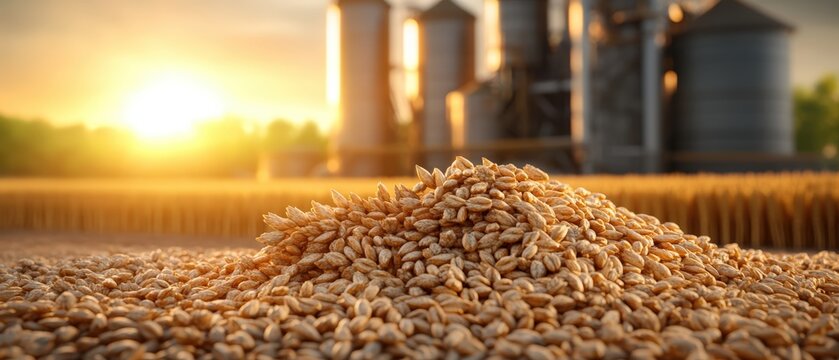 Bountiful wheat harvest grains piled up with golden sunset over rural farm in background