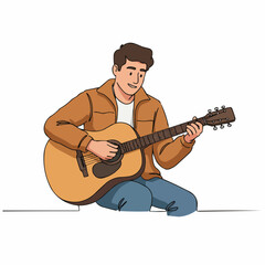 Obraz premium Young man playing acoustic guitar while sitting on the floor 