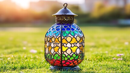 Colorful stained glass lantern on a grassy surface.