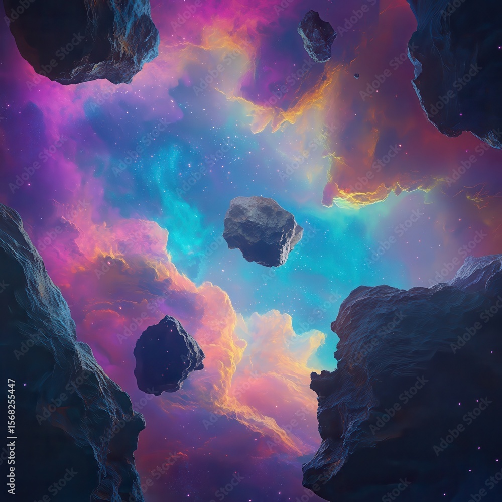 Poster a dynamic space scene unfolds with a large asteroid surrounded by space rocks, set against a backdro