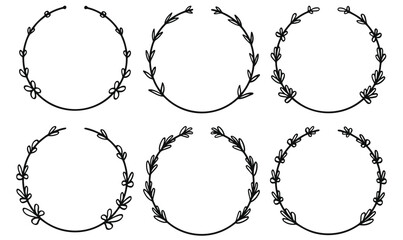 Hand drawn black and outline floral laurel wreath circle frames collection. © Khulqi Design