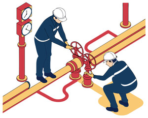 Engineers working on high-pressure gas pipeline infrastructure ensuring safety and efficiency in gas plant isometric.