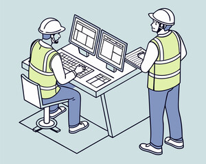 Technician operating CNC machine for automated manufacturing process in modern industrial factory isometric view.