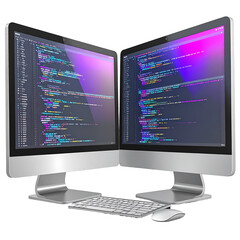 Two computer screens displaying code illustration