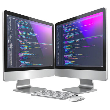 Two computer screens displaying code illustration