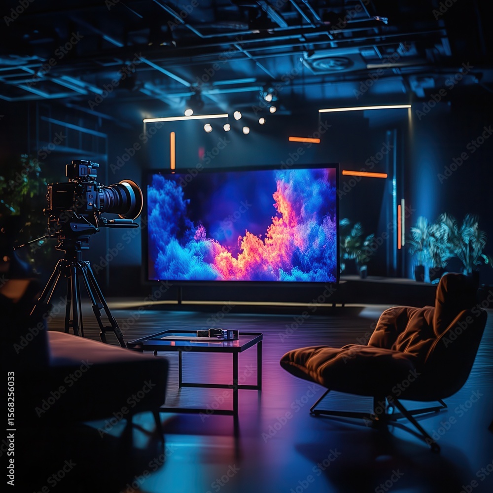 Poster recording an interview on camera in a television studio with a blurred background, demonstrating med