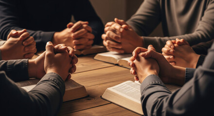 Circle of Prayer: A group of people gather around open Bibles, their hands clasped in prayer, creating a powerful image of faith, community, and spiritual connection. 