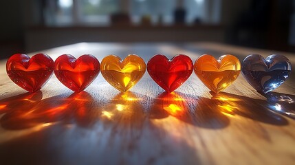 Colorful hearts in a row on a wooden surface.