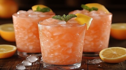 Refreshing fruit drinks in short glasses with ice.