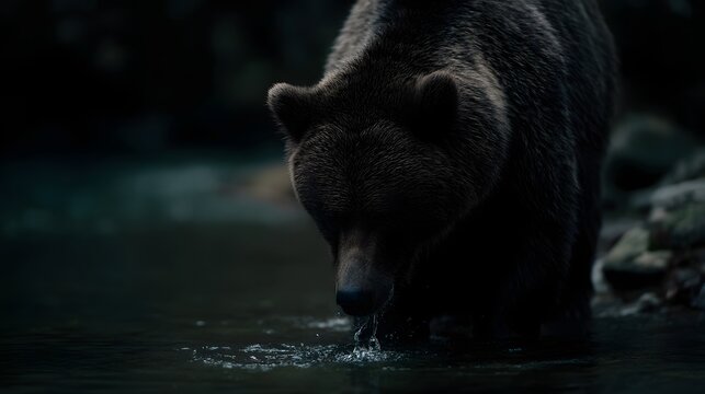 A black bear fishing in a cold rushing river stream