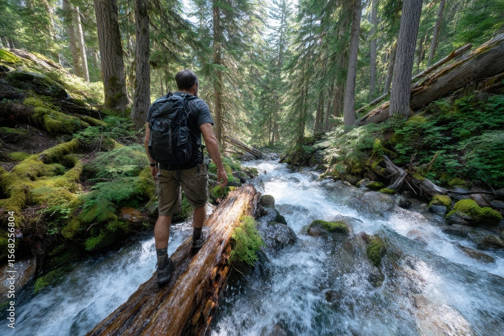 Poster hiker crossing a log over a rushing stream in a dense forest during daylight