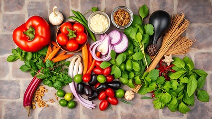 Fresh Asian ingredients are beautifully arranged on a stone surface, showcasing vibrant herbs and spices.