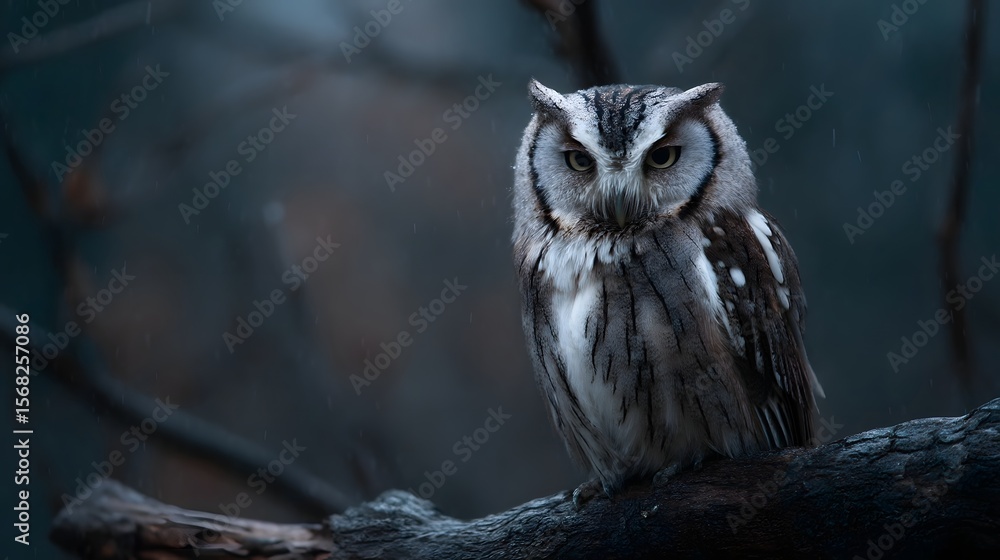 Poster Majestic owl perched on a tree branch at dusk