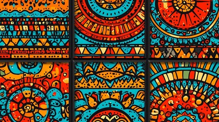Colorful intricate patterns in a tiled design.