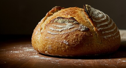 Freshly Baked Artisan Sourdough Bread on Rustic Wooden Table with Crisp Details AI Generative