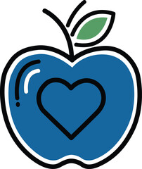 Blue apple with heart shape symbol in minimalist design.