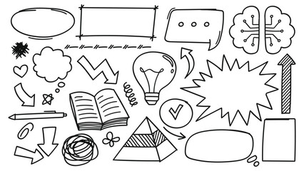 Collection of hand-drawn line art doodle elements, perfect for creative projects and conveying ideas.