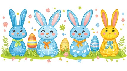 Four cute easter bunnies sitting in a grassy area with easter eggs.