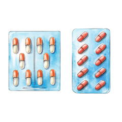Set of blister pack with capsules on white background. Blue packaging of red and orange capsules. Top down view. Outline watercolor sketch for healthcare, pharmacy and medicine design