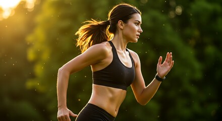 Dynamic Female Athlete Sprinting in Golden Hour Sunlight with Sharp Details AI Generative